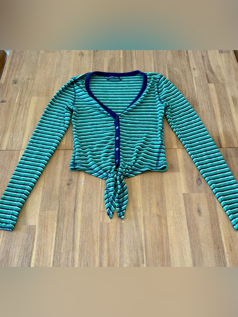 Abercrombie & Fitch: Striped Tie-Front Long Sleeve Top in Teal and Navy